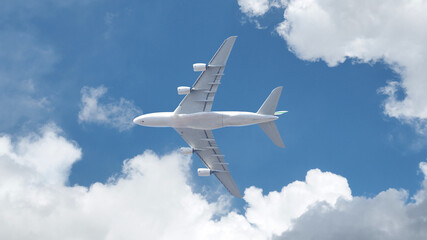 Passenger commercial airplane flying above head as shot from the ground in deep blue cloudy sky