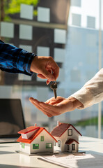 The insurance agent handed over the house key to the customer who agreed to buy the house after negotiating and concluding the contract. Mortgage loan approval home loan and insurance concept.