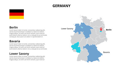  Germany vector map infographic template divided by countries. Slide presentation