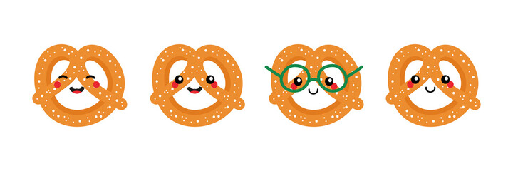 Wall Mural - Set, collection of cute smiling cartoon style pretzel, knot-shaped baked pastry characters for food design.