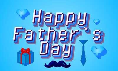 Happy Father`s Day pixel art calligraphy lettering. Retro video game style print for greeting cards, posters, t-shirt design, room decoration. Vector stock illustration.