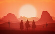 Cowboys riding horses at sunset - Western and Wild West concept