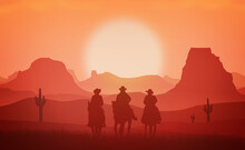 Cowboys Riding Horses At Sunset - Western And Wild West Concept