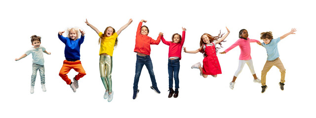 Wall Mural - Little and happy kids gesturing isolated on white studio background. Human emotions, facial expression concept