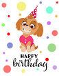 Paw patrol Skye Happy birthday greeting card. Very simple birthday card for a kid with cartoon character. Puppy wearing birthday cap and pink shirt. Colorful circles on background.