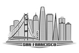 Fototapeta Nowy Jork - Vector illustration of San Francisco, monochrome horizontal poster with line art design american city scape, urban concept with unique decorative font for black words san francisco on white background