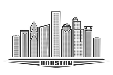 Wall Mural - Vector illustration of Houston, monochrome horizontal poster with outline design of houston city scape, urban line art concept with unique decorative letters for black word houston on white background