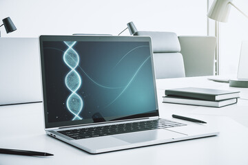 Poster - Creative DNA sketch on modern laptop monitor, biotechnology and genetic concept. 3D Rendering