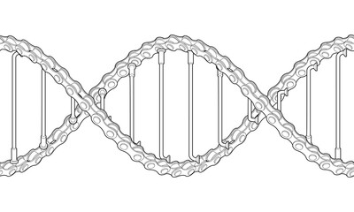 Bicycle chains with spokes twisted like a DNA spiral. Replicable outline tattoo illustration.