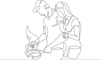 A loving couple prepares food in the kitchen. Homemade food.One continuous drawing line  logo single hand drawn art doodle isolated minimal illustration.