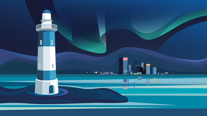 Wall Mural - lighthouse on background of night city. cityscape with northern lights.