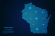 Abstract image Wisconsin map from point blue and glowing stars on a dark background. vector illustration. 