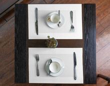 Blank White Table Placemat On Cafe Table From A Top Angle View