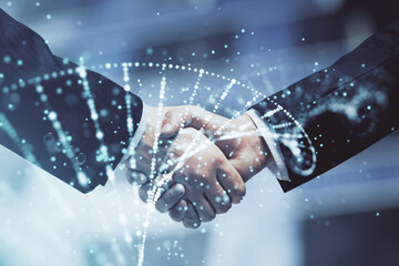 Poster - Double exposure of DNA hologram and handshake of two men. Medical Education