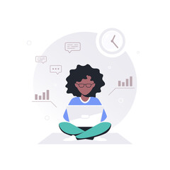 young black woman working on laptop, flat design vector