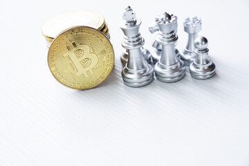 Cryptocurrency bitcoin with silver chess team.