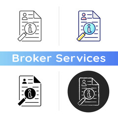 Wall Mural - Information broker icon. Market reserach. Monitoring business, optimization and management. Analyze data. Brokerage services. Linear black and RGB color styles. Isolated vector illustrations