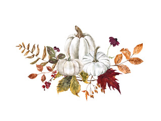 Watercolor pastel pumpkins and gourds composition, hand painted illustration. Fall holiday decoration with white pumpkin, leaves, foliage, orange and burgundy flowers, tree branches.