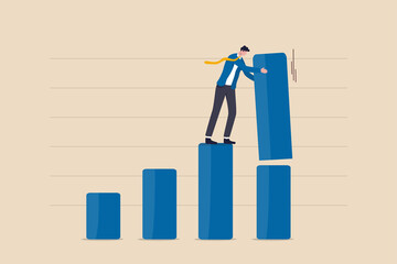 Wall Mural - Increase investment profit, GDP rising up or growing business performance concept, success businessman standing on bar graph stacking huge amount of profit on top of this year bar graph.