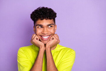 Poster - Photo of young black guy happy positive smile dream dreamy look empty space isolated over purple color background