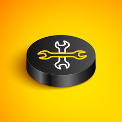 Poster - Isometric line Crossed wrenchs icon isolated on yellow background. Spanner repair tool. Service tool symbol. Black circle button. Vector