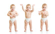Three poses of standing baby isolated on white background. Emotional toddler weared diaper