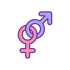 Poster - Male and female gender symbols together RGB color icon. Physical attraction, passion between man and woman. Creating different sex family. Feminine and masculine signs isolated vector illustration