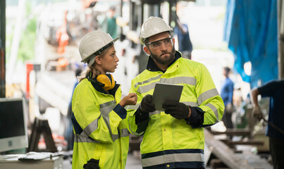 Team technician maintance standing talking at site industry factory. inspector man in factory industry safety service workshop solution. teamwork engineer expertise innovate.