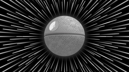 Cosmic abstract poster. Background with hyper jump effect. In the center 3D gray spherical space station