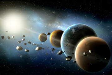 Wall Mural - planets round the sun in the Solar system with asteroids in the colorful starry universe Elements of this image furnished by NASA