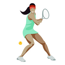 Vector Flat Design Illustration Of A Sportive Girl In Sports Uniform Who Plays Tennis Isolated On White Background. Can Be Used In Various Types Of Advertising Products For Tennis Clubs And Courts.