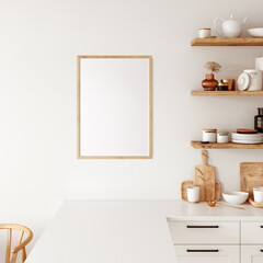 Frame & Poster mockup in kitchen interior.  Boho style.  3d rendering, 3d illustration	