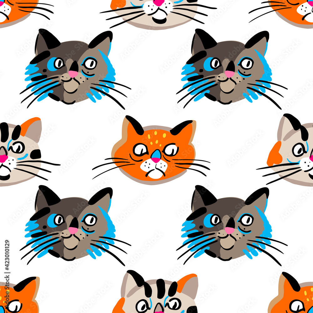 Vector seamless pattern with funny cats heads isolated on white ...