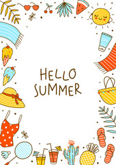 Wall Mural - Vertical frame background with cute summer items isolated on white - cartoon objects for happy beach design