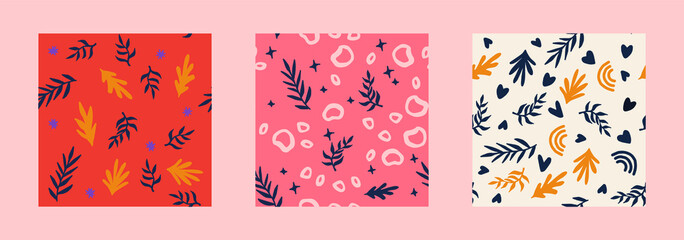 Poster - Beautiful Mid- Century Boho style Pattern with Palm Branches. Repeating Vector Design in warm color palette.