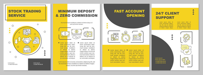 Stock trading service brochure template. Zero commission. Flyer, booklet, leaflet print, cover design with linear icons. Vector layouts for presentation, annual reports, advertisement pages