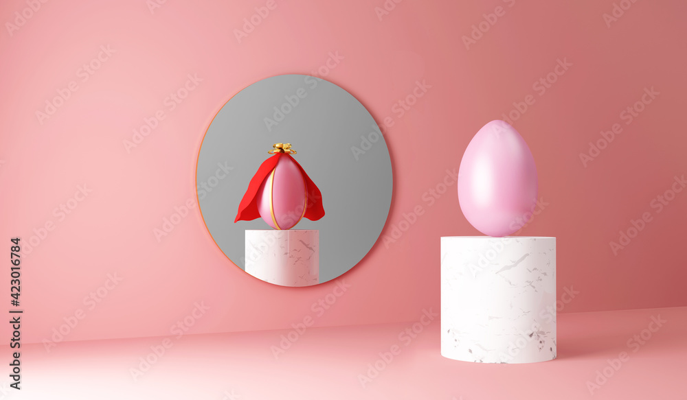 Painted Easter Egg on marble stand reflected in the mirror as an Superhero Egg on pink studio background - obrazy, fototapety, plakaty 