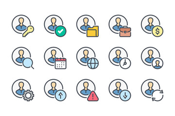 Poster - Account and user profile settings color line icon set. Avatar with options  linear icons. Customer profile and web User interface preferences colorful outline vector sign collection.