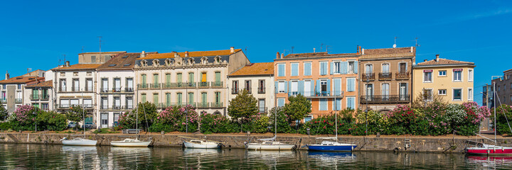 Wall Mural - Panorama view of Herault river at the port of Agde, Languedoc-Roussillon France