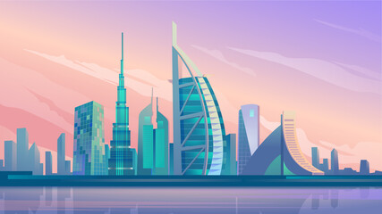 Wall Mural - Dubai city skyscrapers landing page in flat cartoon style. UAE city panorama, urban landscape with modern building. Business travel and travelling of landmarks. Vector illustration of web background