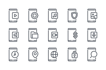 Poster - Mobile phone notifications and settings line icon set. Smartphone options and preferences linear icons. Mobile navigation and application outline vector sign collection.