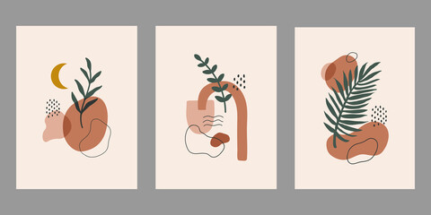 Aufkleber - Modern abstract set aesthetic backgrounds with geometric balance shapes and branch. Wall decor in boho style. Mid century vector print for cover, wallpaper, card, social media, interior decor	