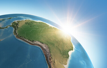 Canvas Print - sun shining over a high detailed view of planet earth, focused on south america, amazon rainforest a