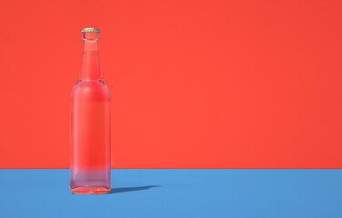 Leinwandbilder - Computer graphics image of bottle. Glass container with yellow liquid inside. Retro red and blue colors.