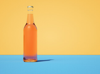 Leinwandbilder - 3D illustration of transparent beer bottle against yellow background. Illuminated from left side.