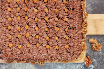 Wall Mural - Chocolate cake with a caramel layer. Top view.