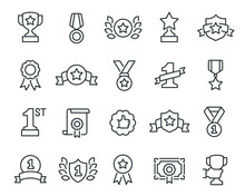 Awards Icons Set. Collection Of Linear Simple Web Icons Such As Cups, Awards, Medals, Diplomas, Champion, Number One, Stars, Shields And Other. Editable Vector Stroke.