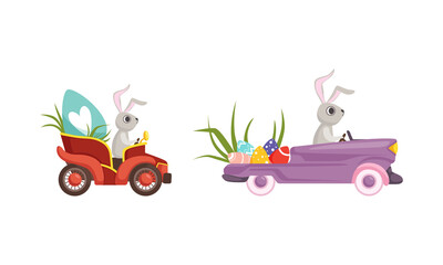 Sticker - Cute Hare with Long Ears Driving Retro Car Carrying olored Easter Eggs Vector Set