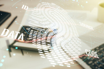 Poster - Double exposure of virtual creative fingerprint hologram on blurry calculator with laptop background, research and development concept