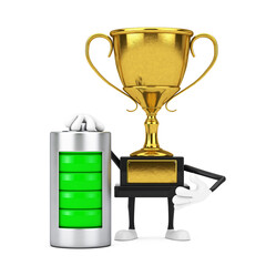 Fototapete - golden award winner trophy mascot person character with abstract charging battery. 3d rendering